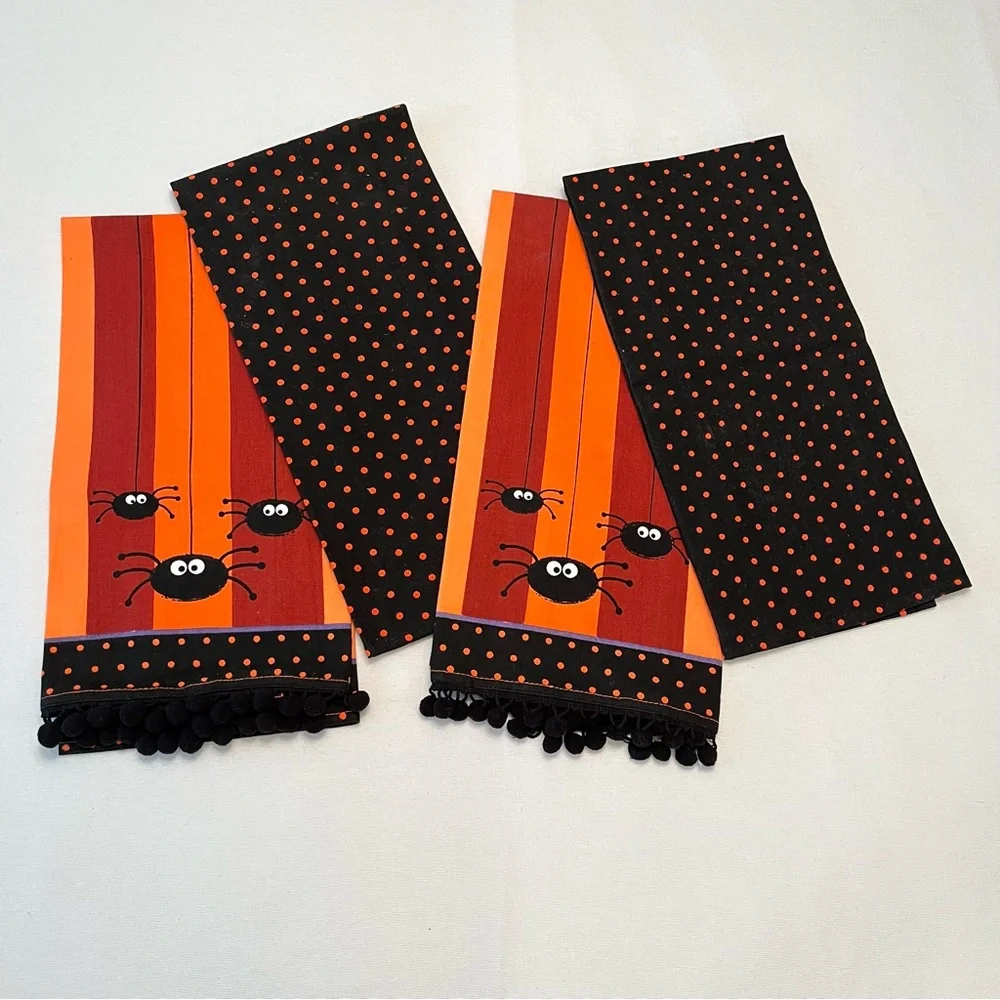 (4) Halloween Kitchen Guest Hand Towels Spiders Polka Dots Stripes Pom Poms